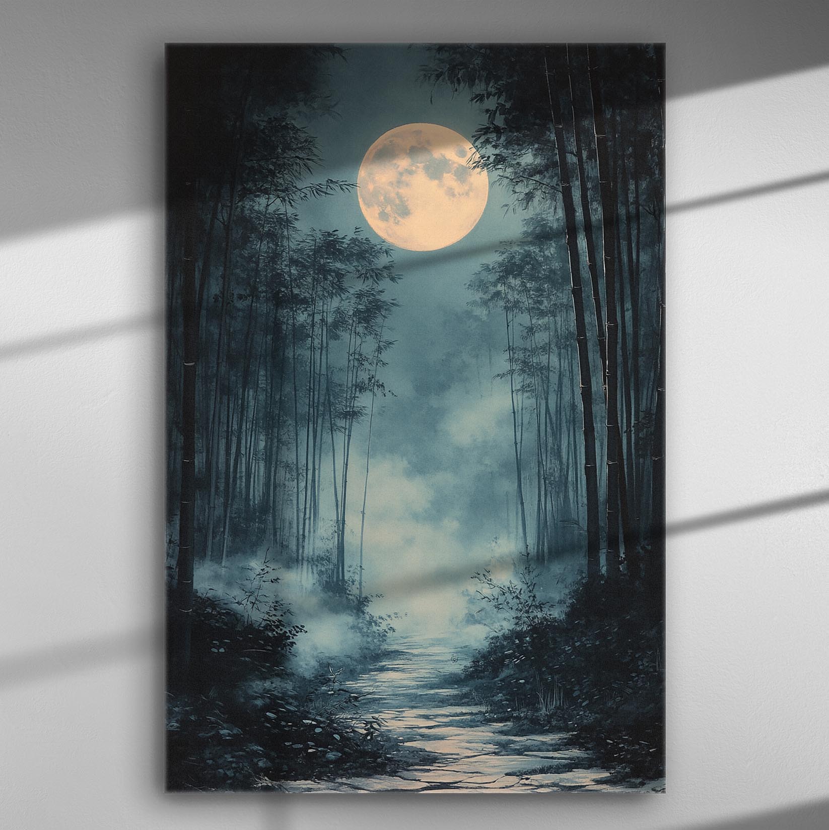 Mystical full moon over a serene bamboo forest path canvas art.
