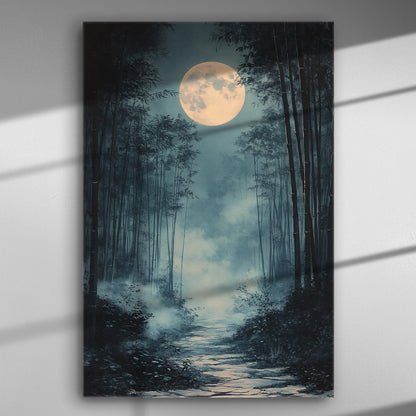 Mystical full moon over a serene bamboo forest path canvas art.