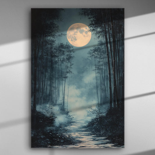 Mystical full moon over a serene bamboo forest path canvas art.