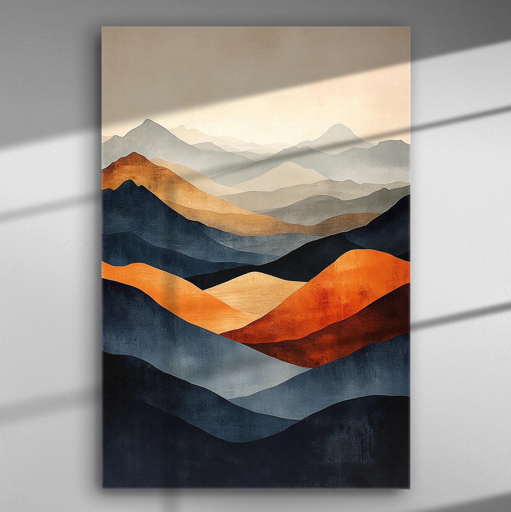 Abstract mountain landscape with shades of orange and blue on a canvas.