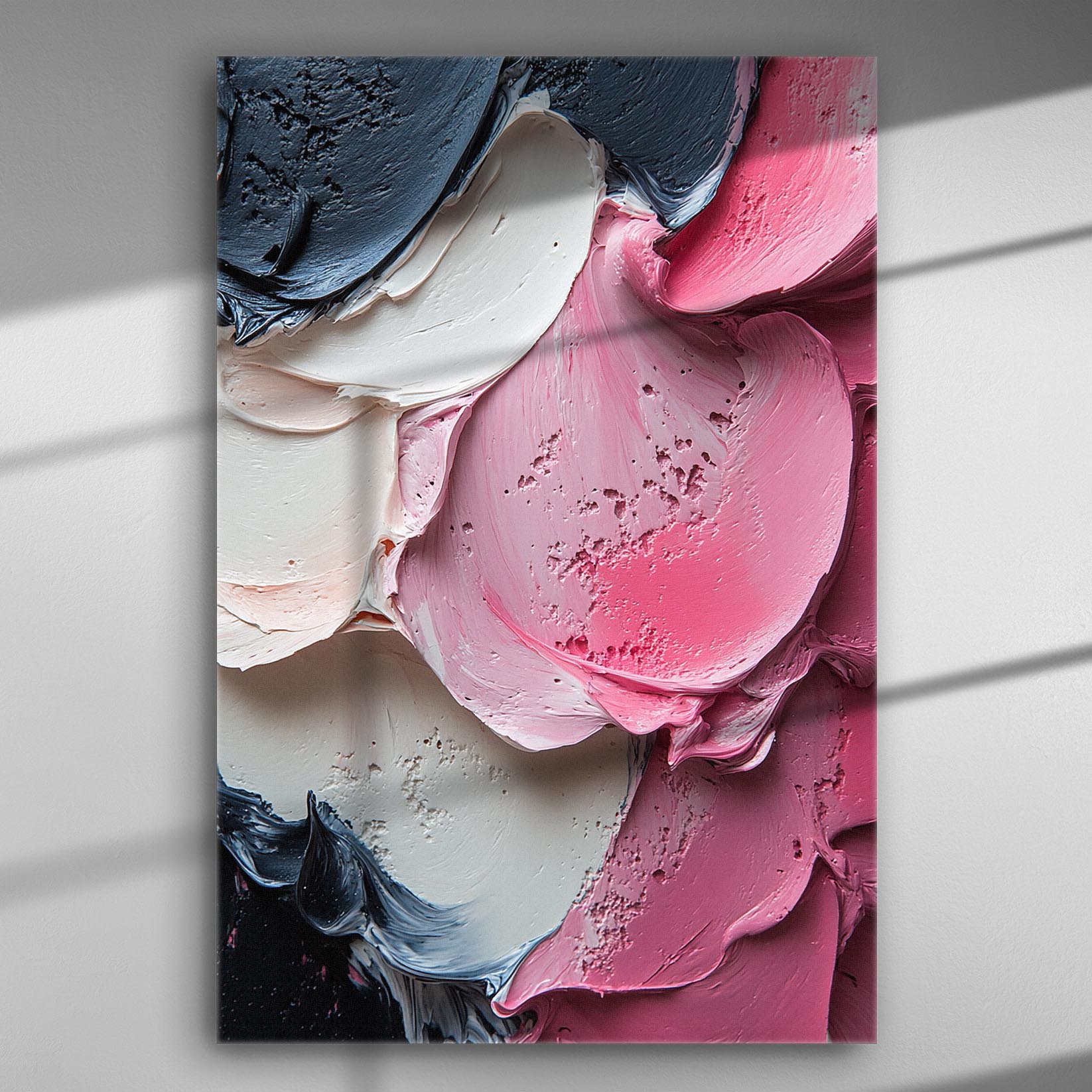 Abstract painting with overlapping strokes in black, white, and pink, showcasing vibrant textures.