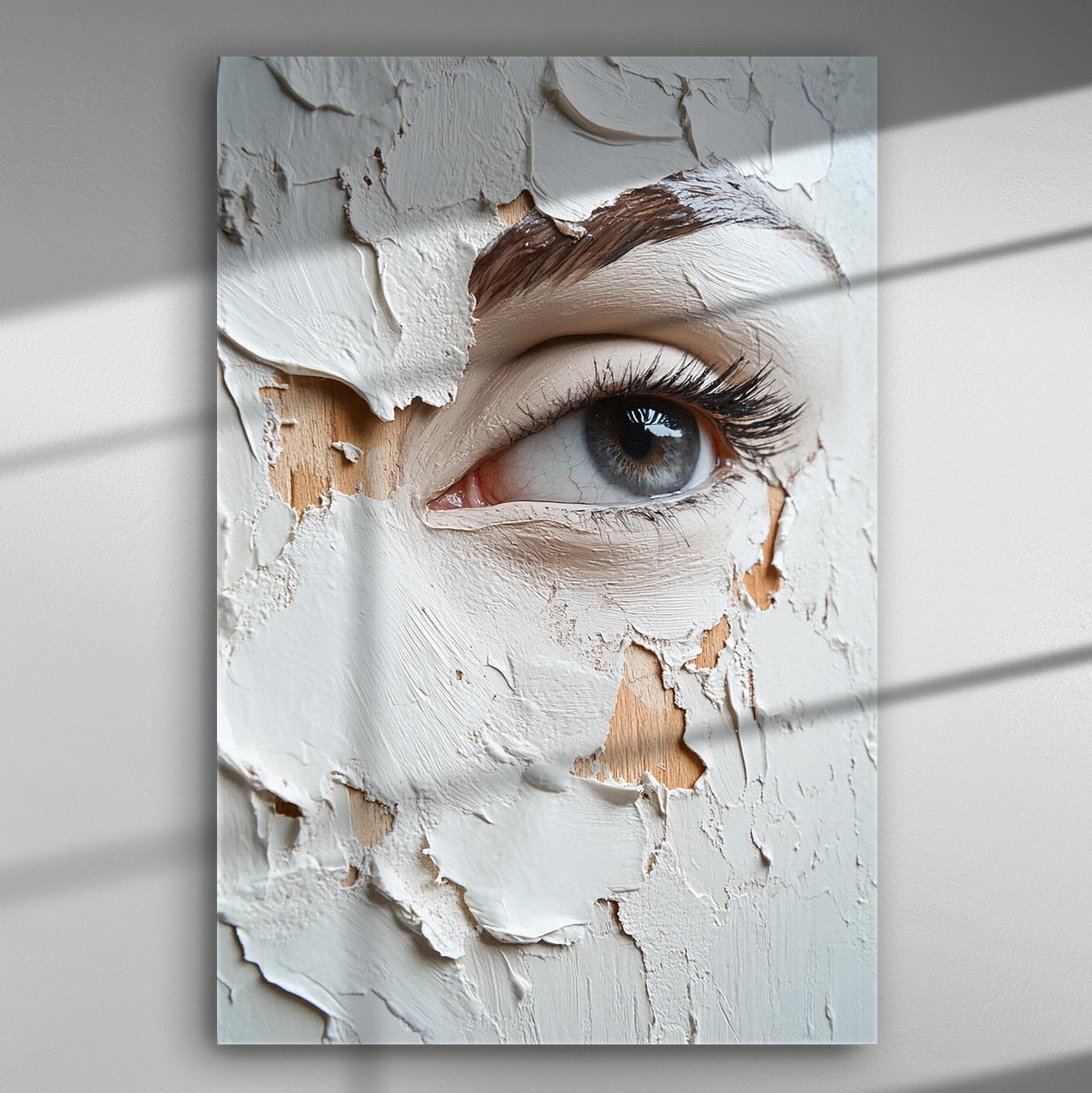A detailed artwork featuring an eye surrounded by peeling texture, creating an enigmatic and expressive visual.