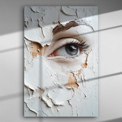 A detailed artwork featuring an eye surrounded by peeling texture, creating an enigmatic and expressive visual.