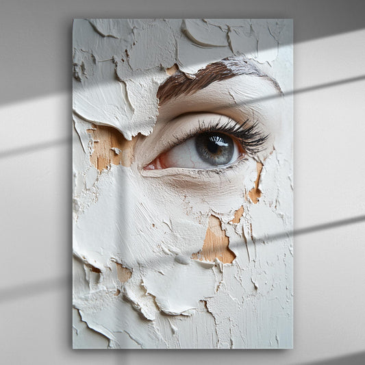 A detailed artwork featuring an eye surrounded by peeling texture, creating an enigmatic and expressive visual.