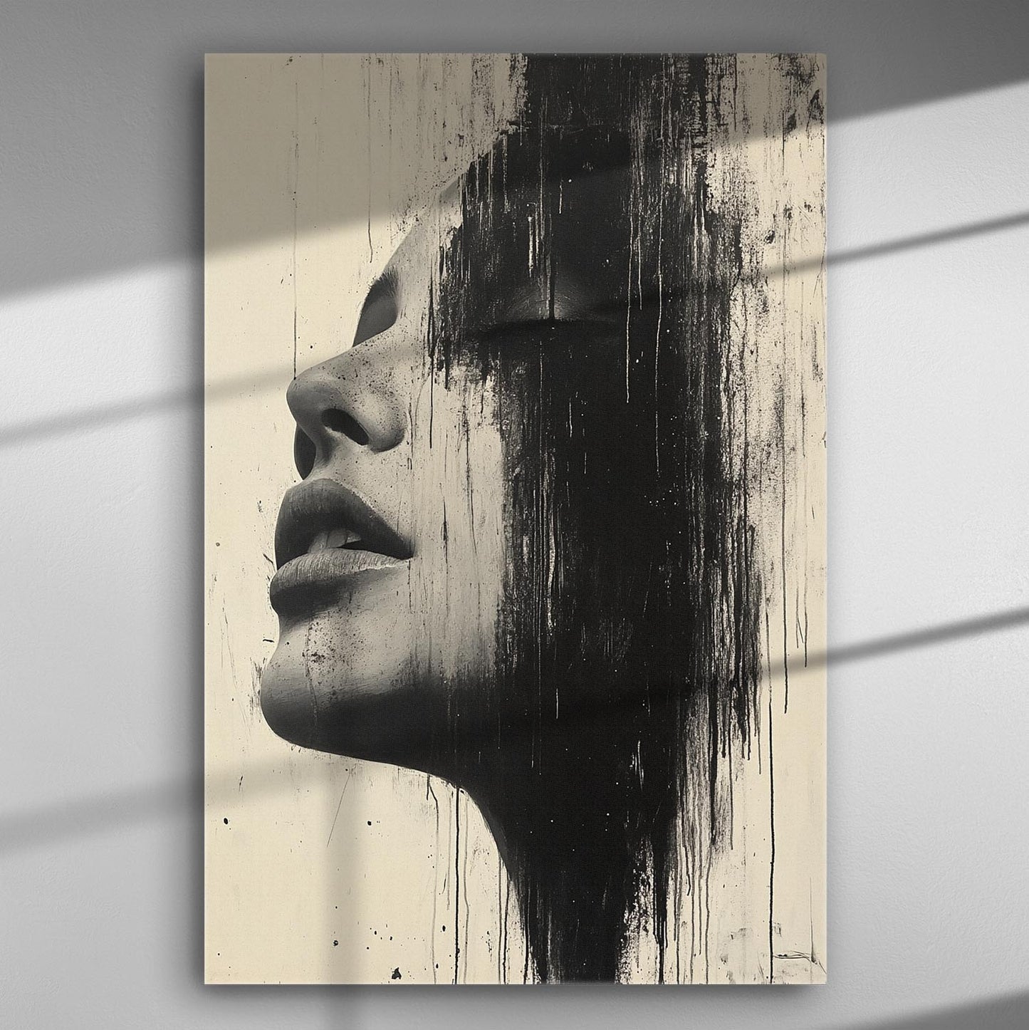 Abstract portrait with black lines on canvas, depicting a side view of a woman's face with artistic brush strokes.