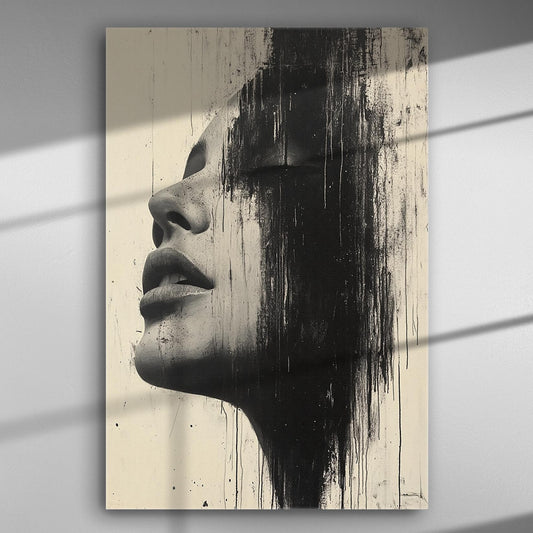 Abstract portrait with black lines on canvas, depicting a side view of a woman's face with artistic brush strokes.