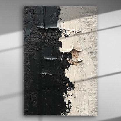 Abstract black and white textured canvas with bold contrast.