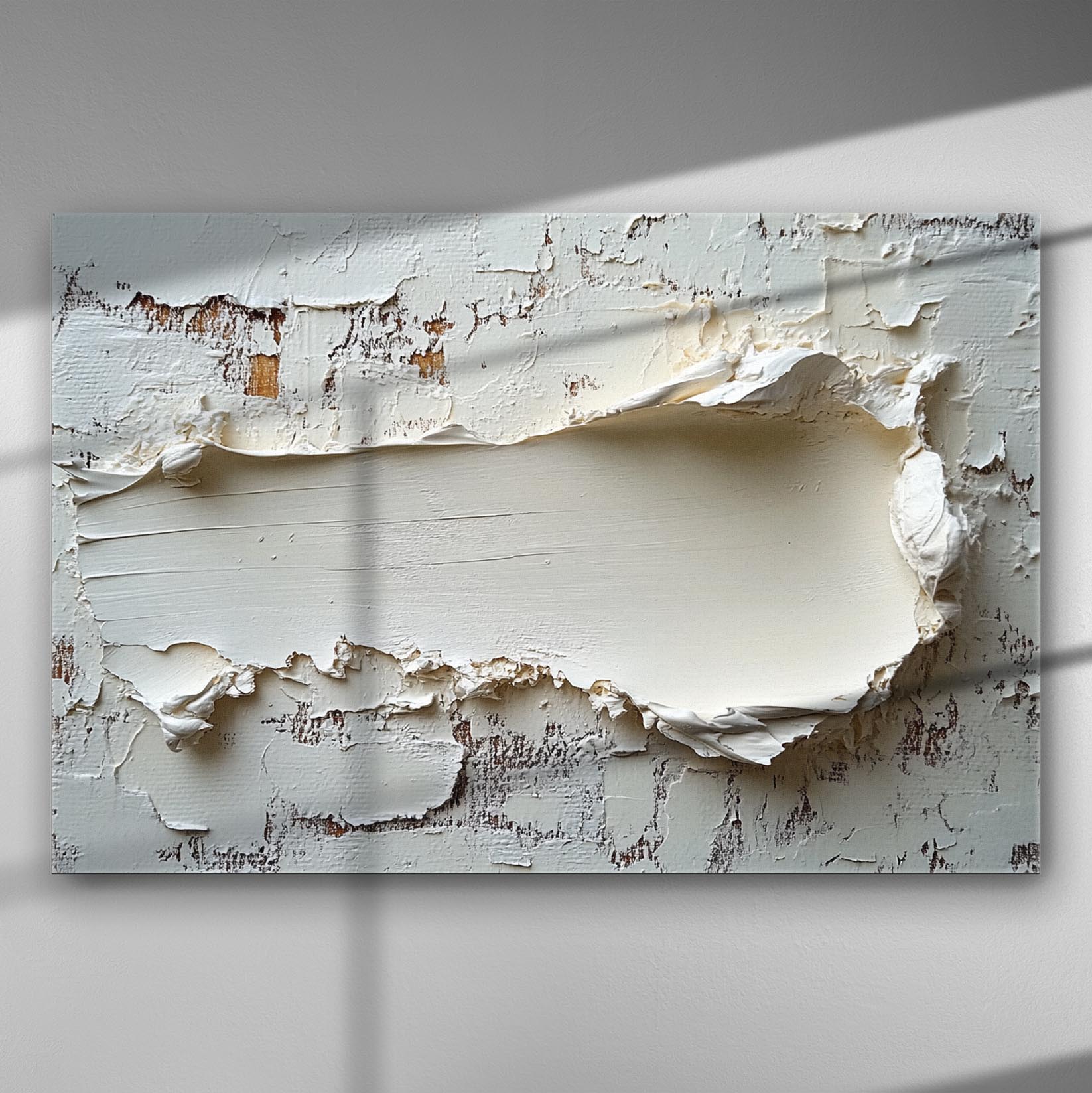 Textured canvas art with white peeling layers resembling aged wood.
