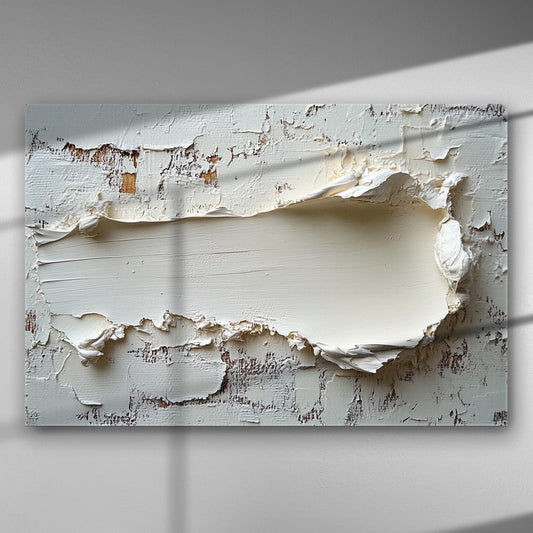 Textured canvas art with white peeling layers resembling aged wood.