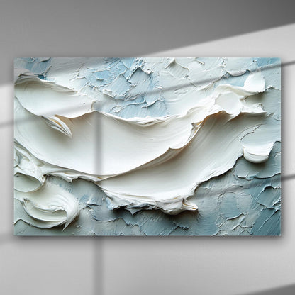 Abstract canvas depicting smooth waves and textures in white and blue tones.