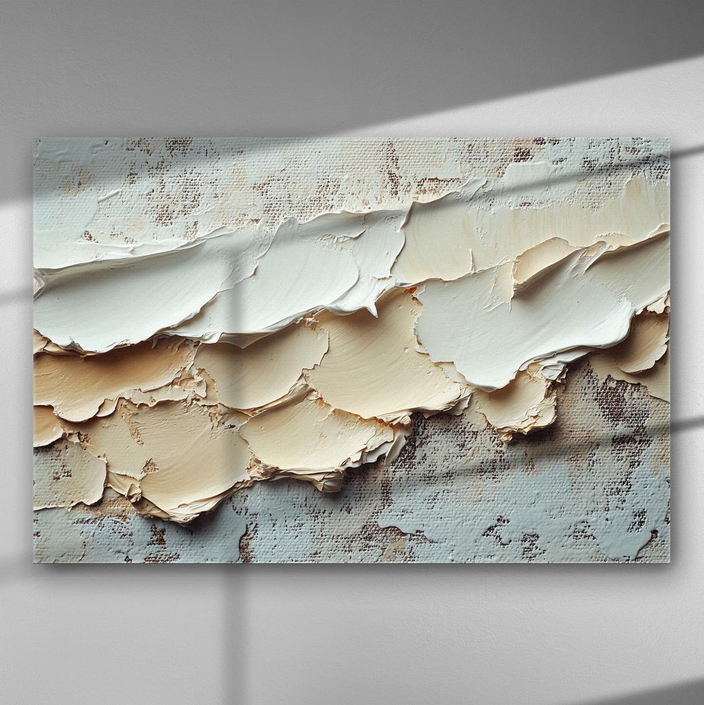 Abstract canvas art with textured beige and cream layers.
