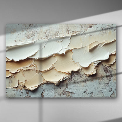 Abstract canvas art with textured beige and cream layers.