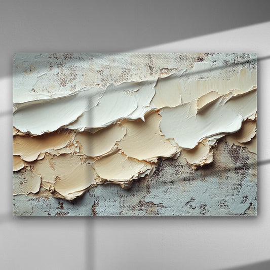 Abstract canvas art with textured beige and cream layers.