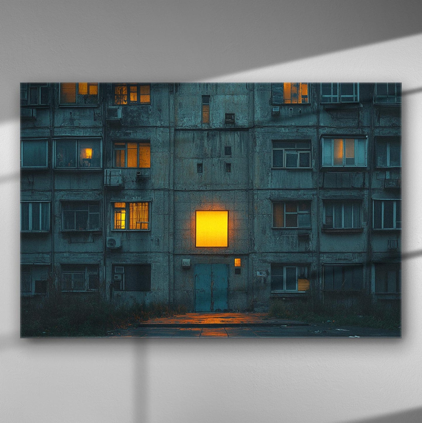Urban night building canvas with illuminated window, perfect for home or office.