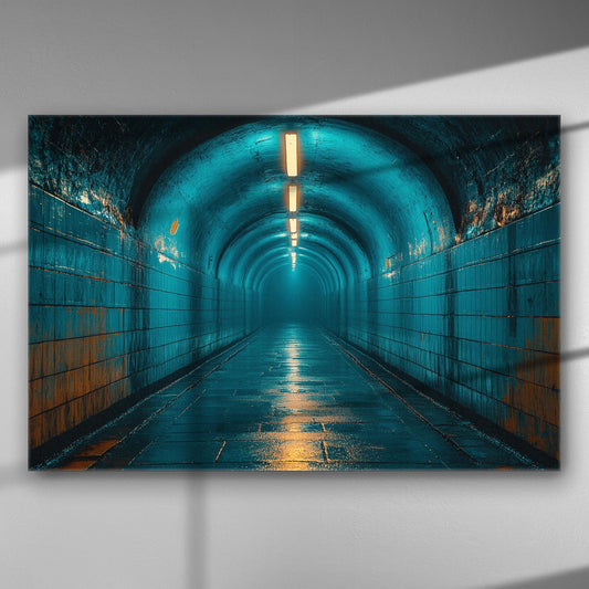 Image of a tunnel with blue lighting creating a mysterious and atmospheric scene.