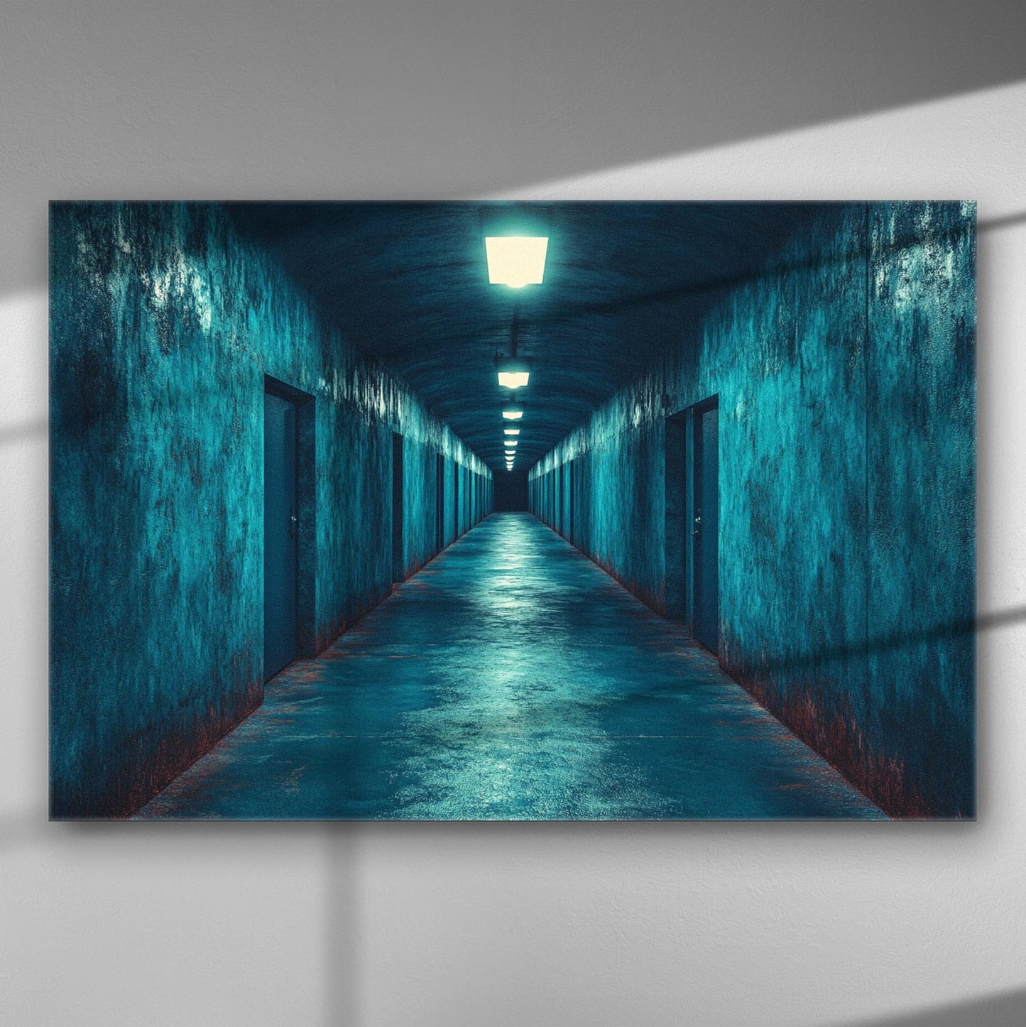 Long dark blue hallway with doors, illuminated by overhead lights, creating a mysterious and deep atmosphere.