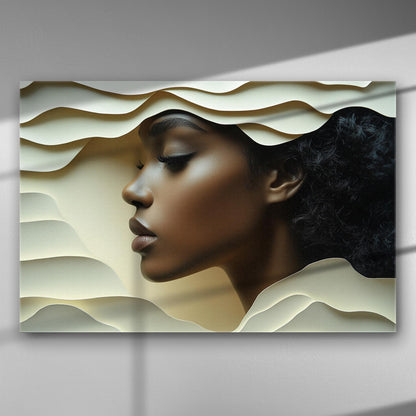 Profile of a woman's face integrated into layered shapes on a canvas print.