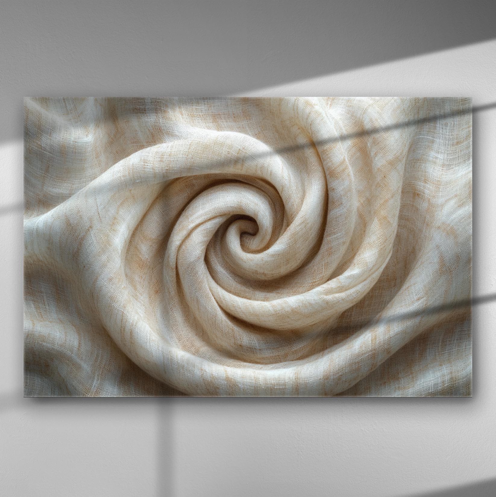 Stylish fabric swirl design on a canvas, featuring soft textures and natural hues.