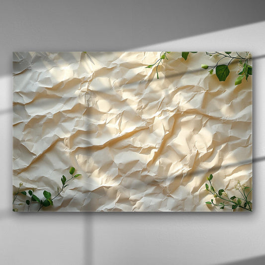 Cream colored canvas with crumpled texture and green leaves at the corners.