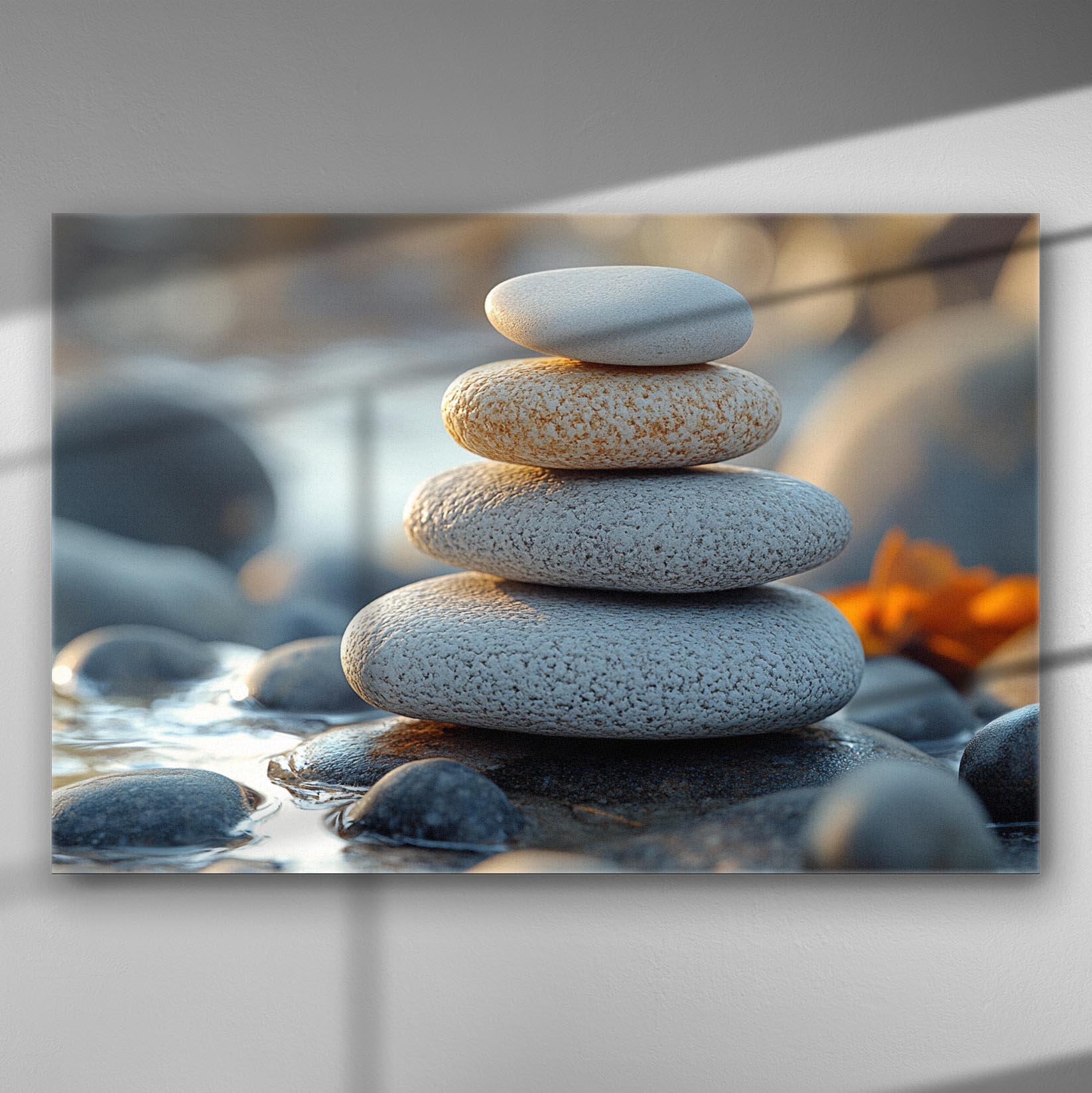 Stack of smooth pebbles by the water on a canvas print, creating a serene and peaceful atmosphere.