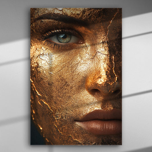 Close-up of a face covered with gold leaf, highlighting an eye and lips in a glamorous, artistic style.