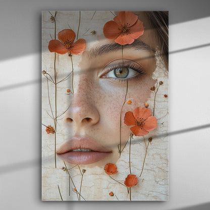 Portrait of a woman's face intertwined with red flowers on a canvas print.