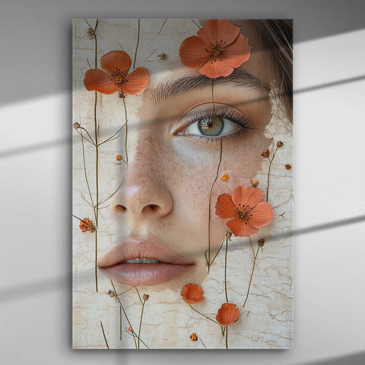 Portrait of a woman's face intertwined with red flowers on a canvas print.