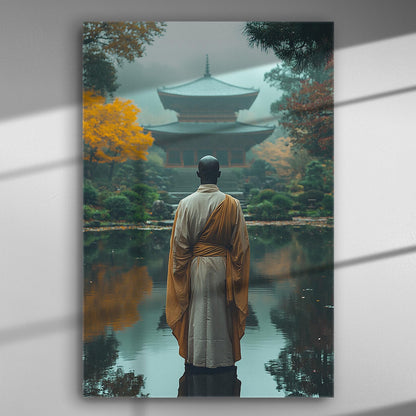 A Buddhist monk standing in front of a traditional temple by a tranquil pond, surrounded by autumnal trees.