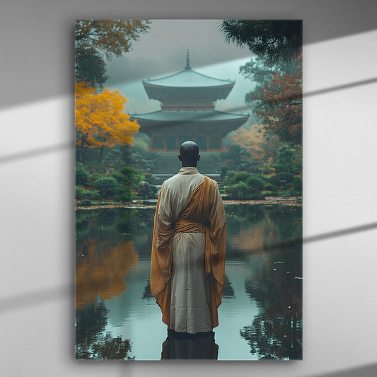 A Buddhist monk standing in front of a traditional temple by a tranquil pond, surrounded by autumnal trees.