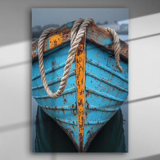 Close-up of an old boat with blue and orange colors and a rope on canvas.