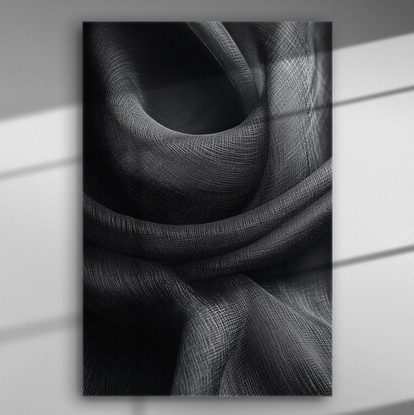Abstract black and white fabric texture with shadows and patterns on canvas