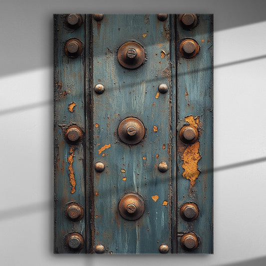 Close-up of a rusty industrial metal panel with bolts on canvas.