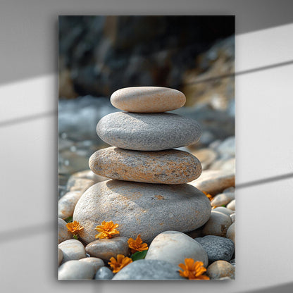 Stack of smooth stones surrounded by small orange flowers on a canvas print.