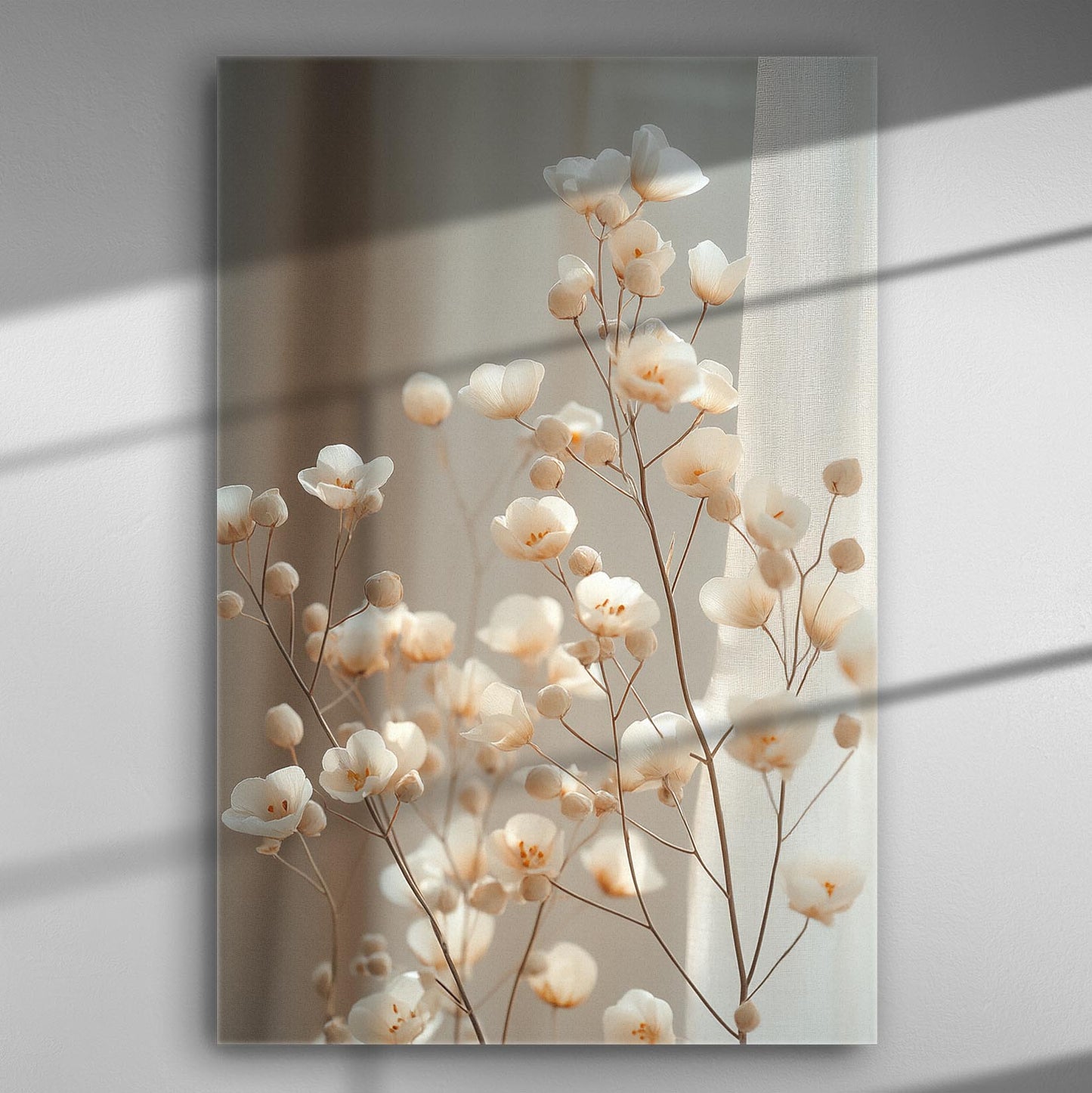 Delicate white flowers with soft lighting on a canvas print.
