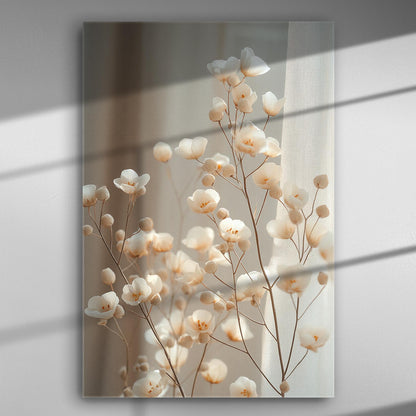 Delicate white flowers with soft lighting on a canvas print.
