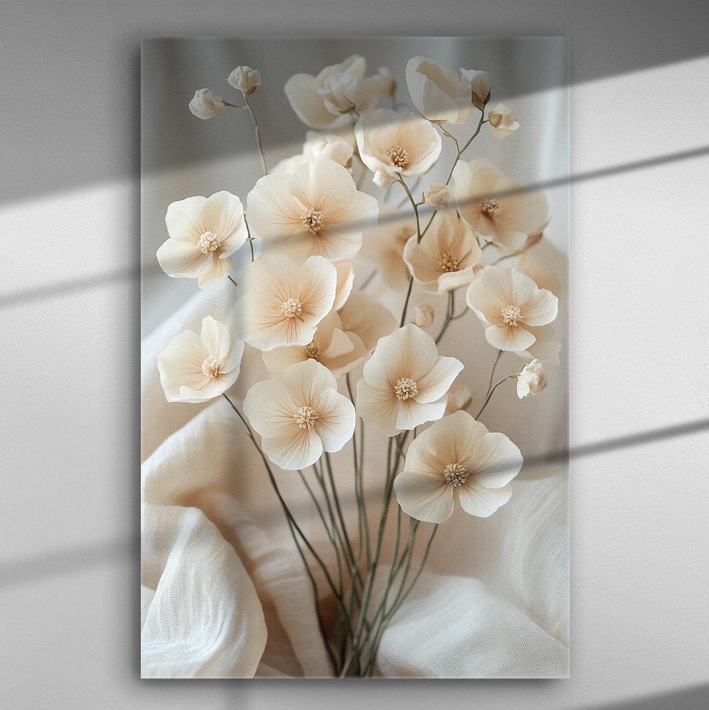 Canvas print of delicate flowers on a white background, creating a sense of serenity and elegance.