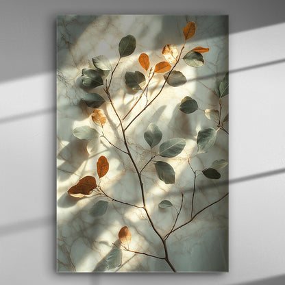 Canvas print of leaves with light and shadow effects on a marble surface.