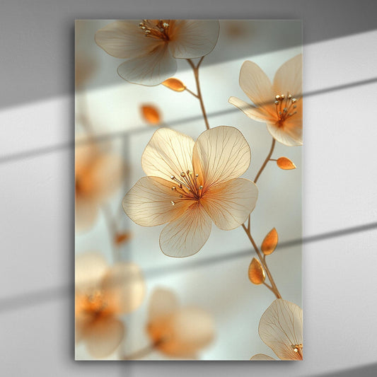 Canvas print with delicate orange and beige spring flowers against a soft background.