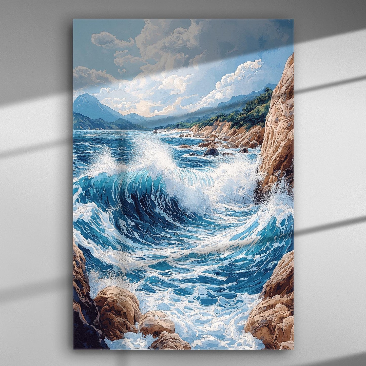 Dramatic ocean waves crashing against rocky shore in a vivid and dynamic canvas print