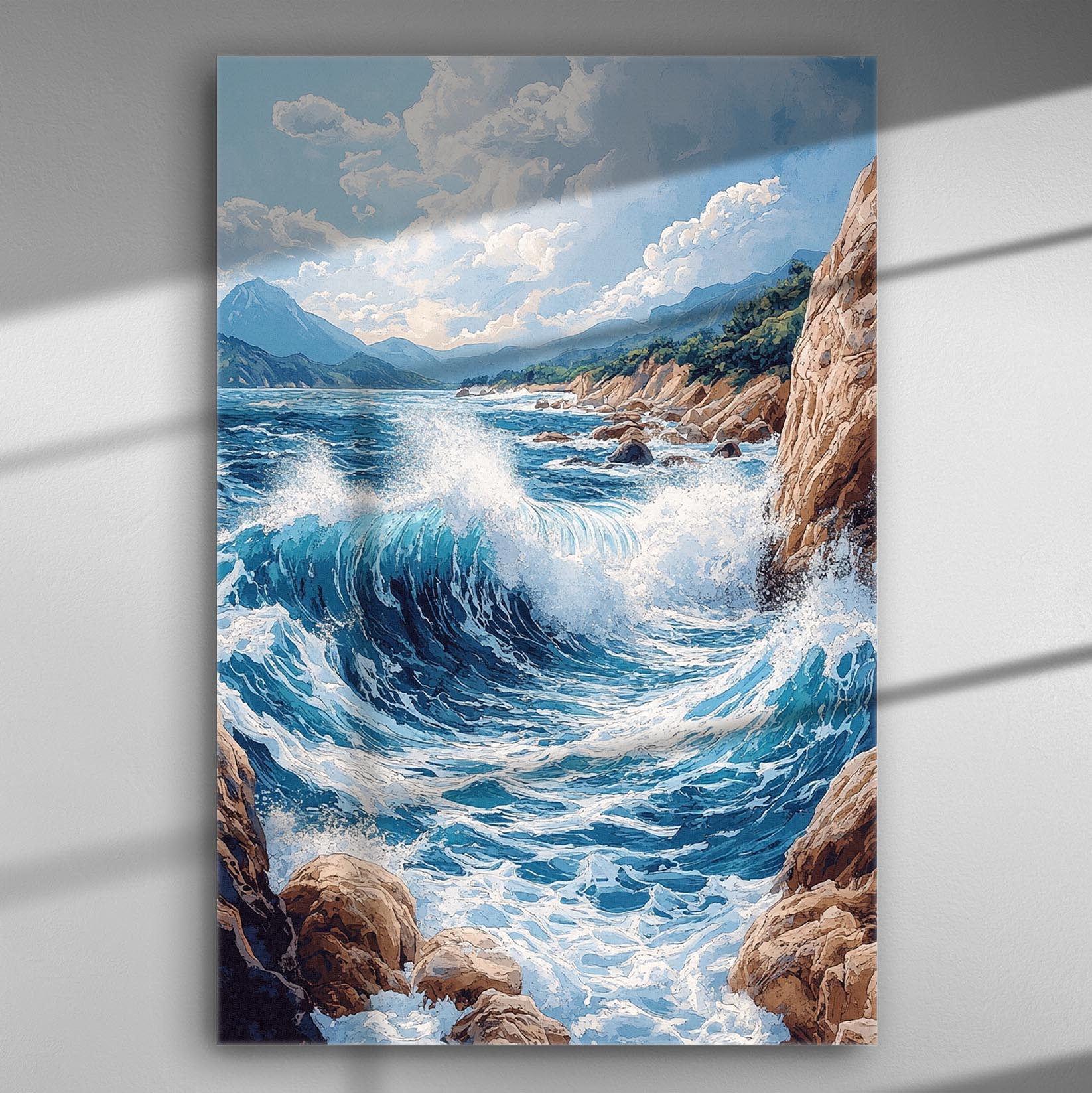 Dramatic ocean waves crashing against rocky shore in a vivid and dynamic canvas print