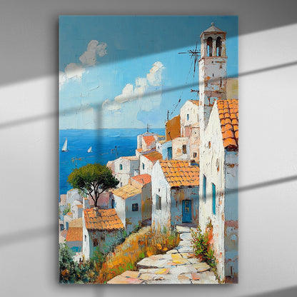 Seaside view of Cycladic village with blue sea, white houses, and terracotta roofs.