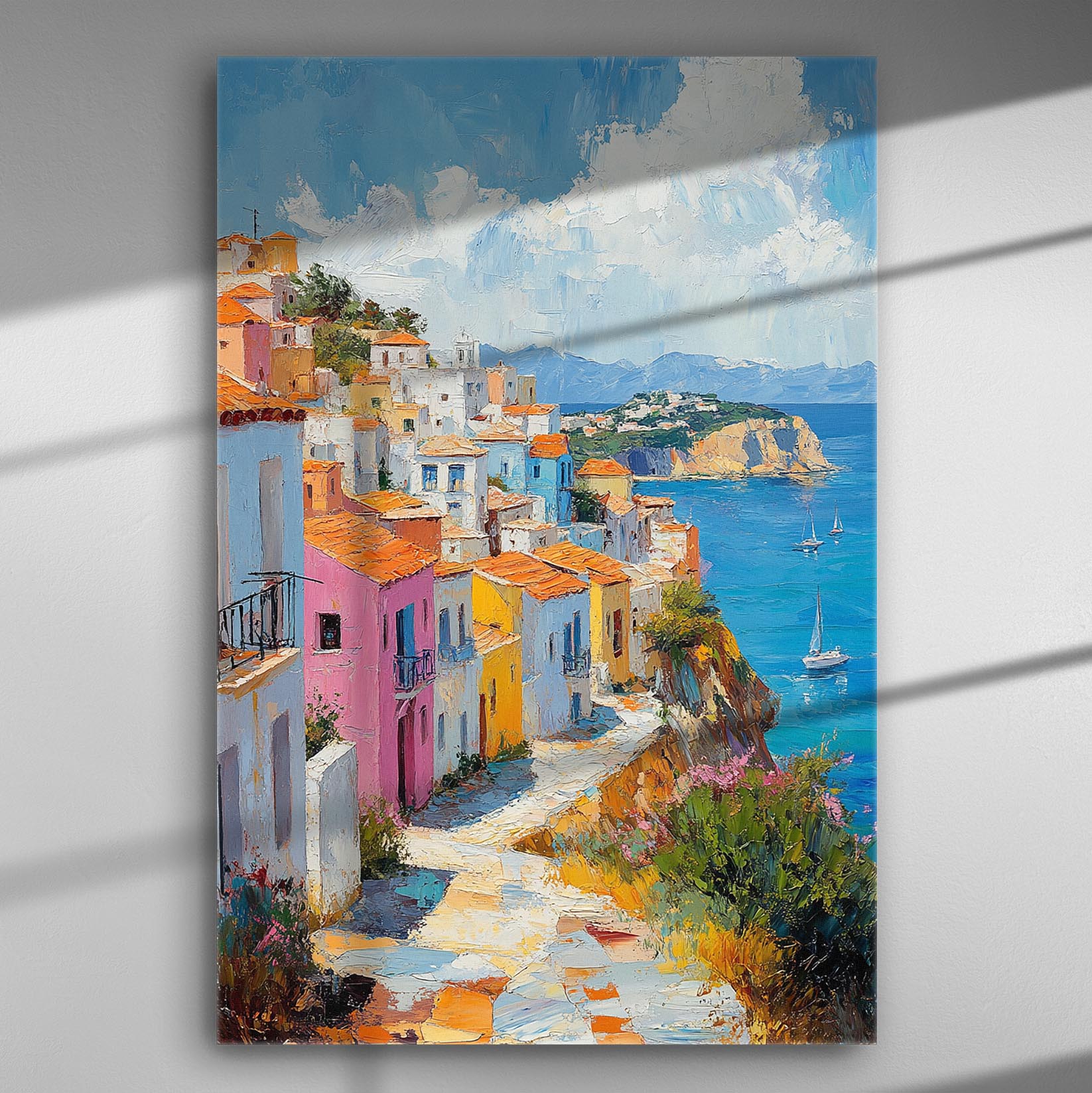 Colorful traditional Greek village overlooking the Mediterranean Sea on a canvas print