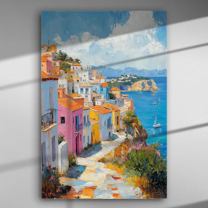 Colorful traditional Greek village overlooking the Mediterranean Sea on a canvas print
