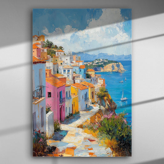 Colorful traditional Greek village overlooking the Mediterranean Sea on a canvas print