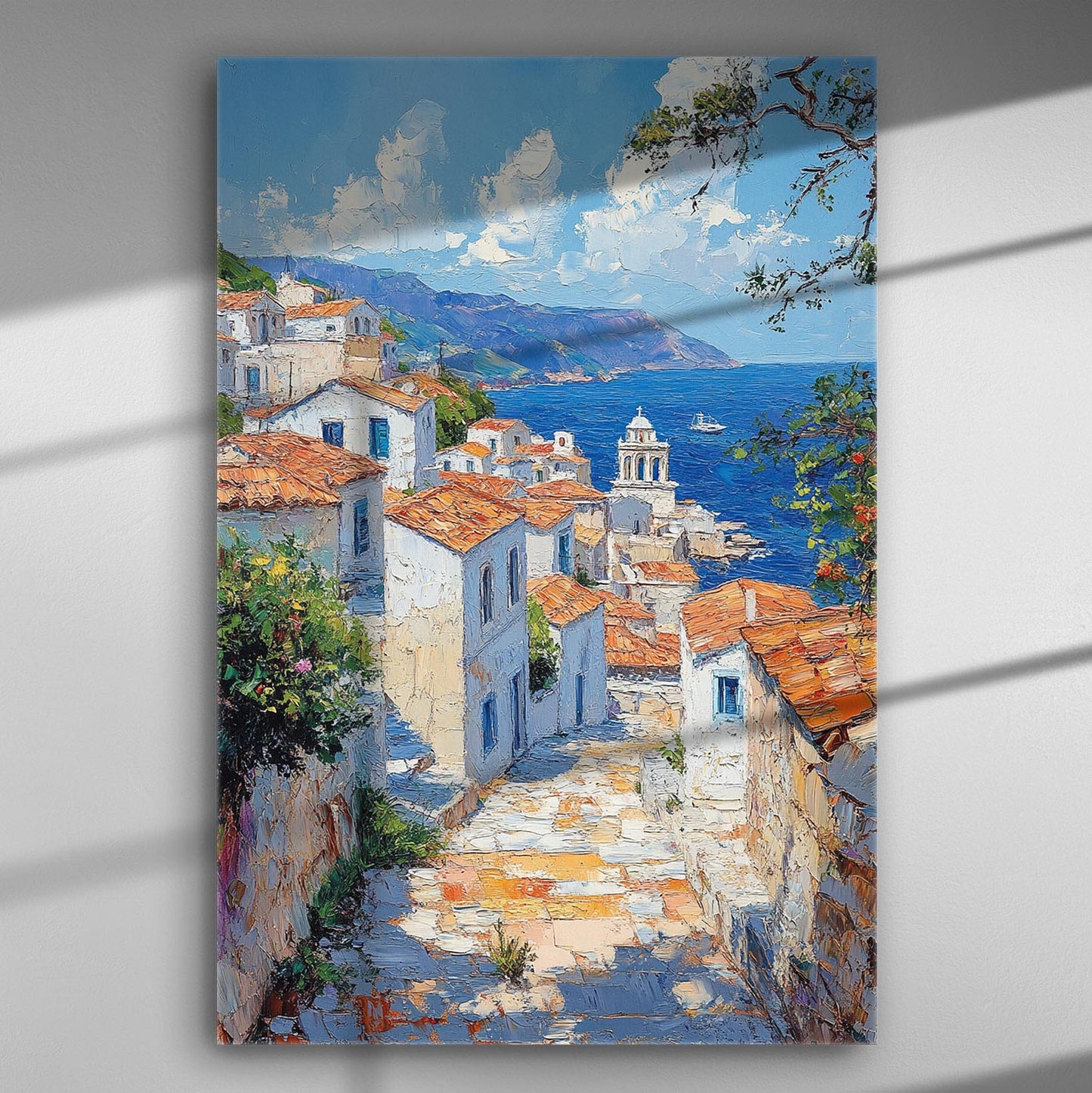Canvas print of a traditional Greek village with white houses and terracotta roofs overlooking the Aegean Sea.