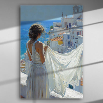 A woman in a flowing dress looks over white Mediterranean houses towards the sea.
