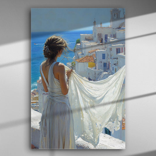 A woman in a flowing dress looks over white Mediterranean houses towards the sea.
