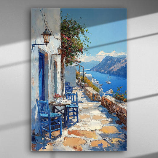 Aegean sea view with traditional white and blue Greek chairs, houses, and blooming bougainvillea.