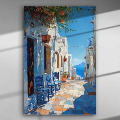 Canvas print depicting a sunny Mediterranean alley with white buildings and blue sky.