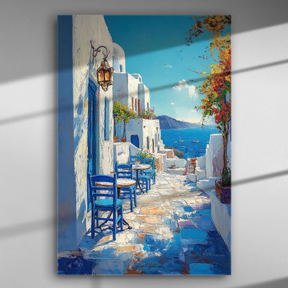 Canvas print of a Greek island scene with blue chairs and the sea in the background.